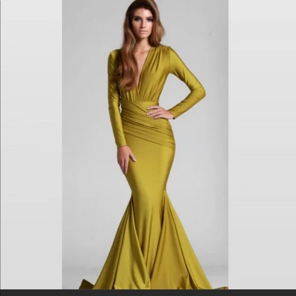 mustard evening dress Sexy Mermaid Satin Criss Cross Yellow Long Prom Dress PG834 US10 / Yellow main image 1